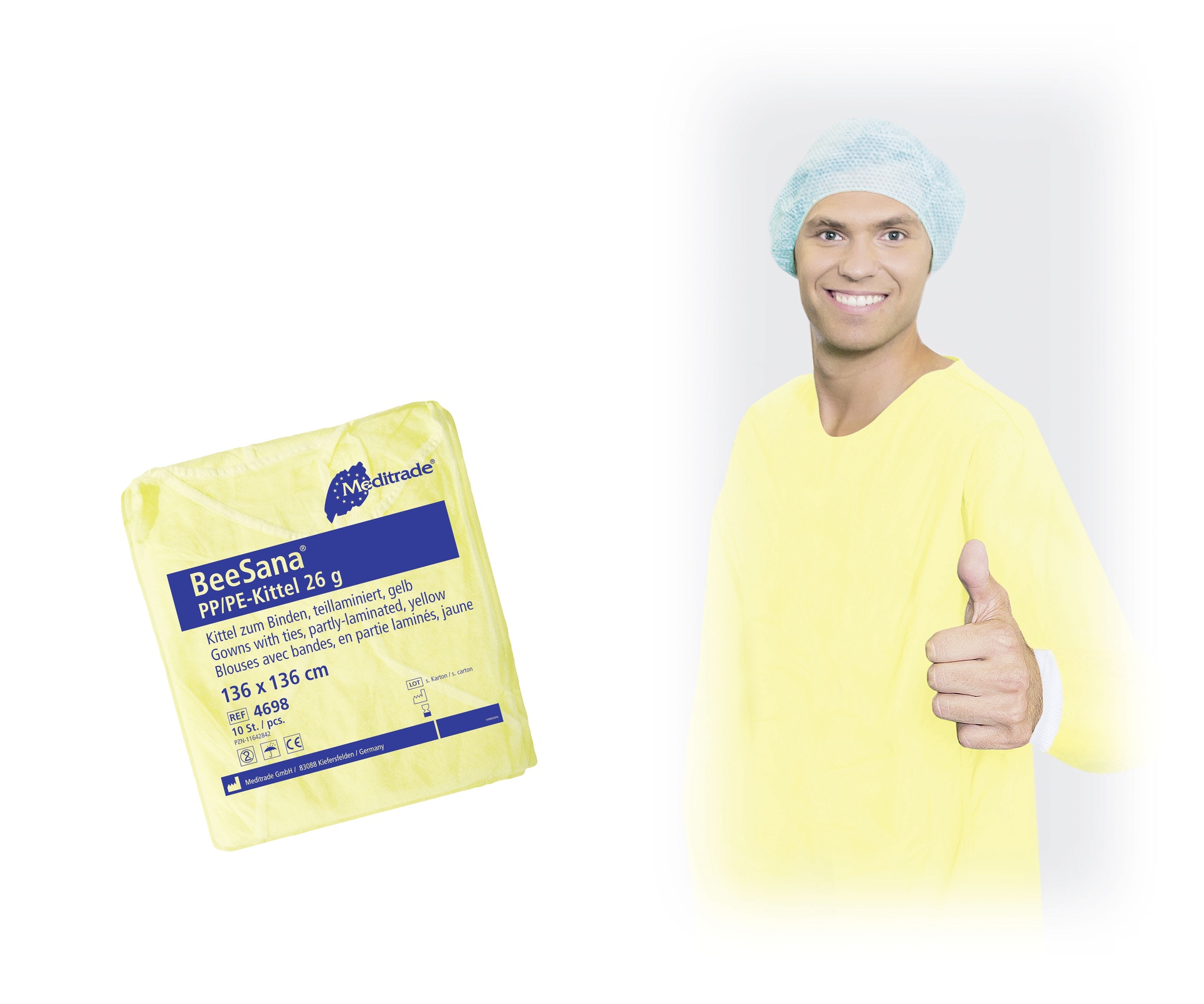 BeeSana PP/PE-Kittel 26 g, wasserabweisend, teillaminiert, Trikobündchen, gelb, 10 Stk.