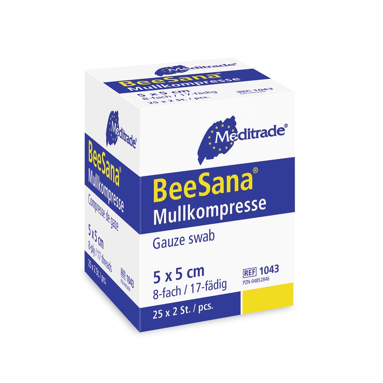 Gazekompresse/Vlieskompresse BeeSana Typ 17-fädig, steril, 100% Baumwolle, 50 Stk. (8-fach, 5 x 5 cm)