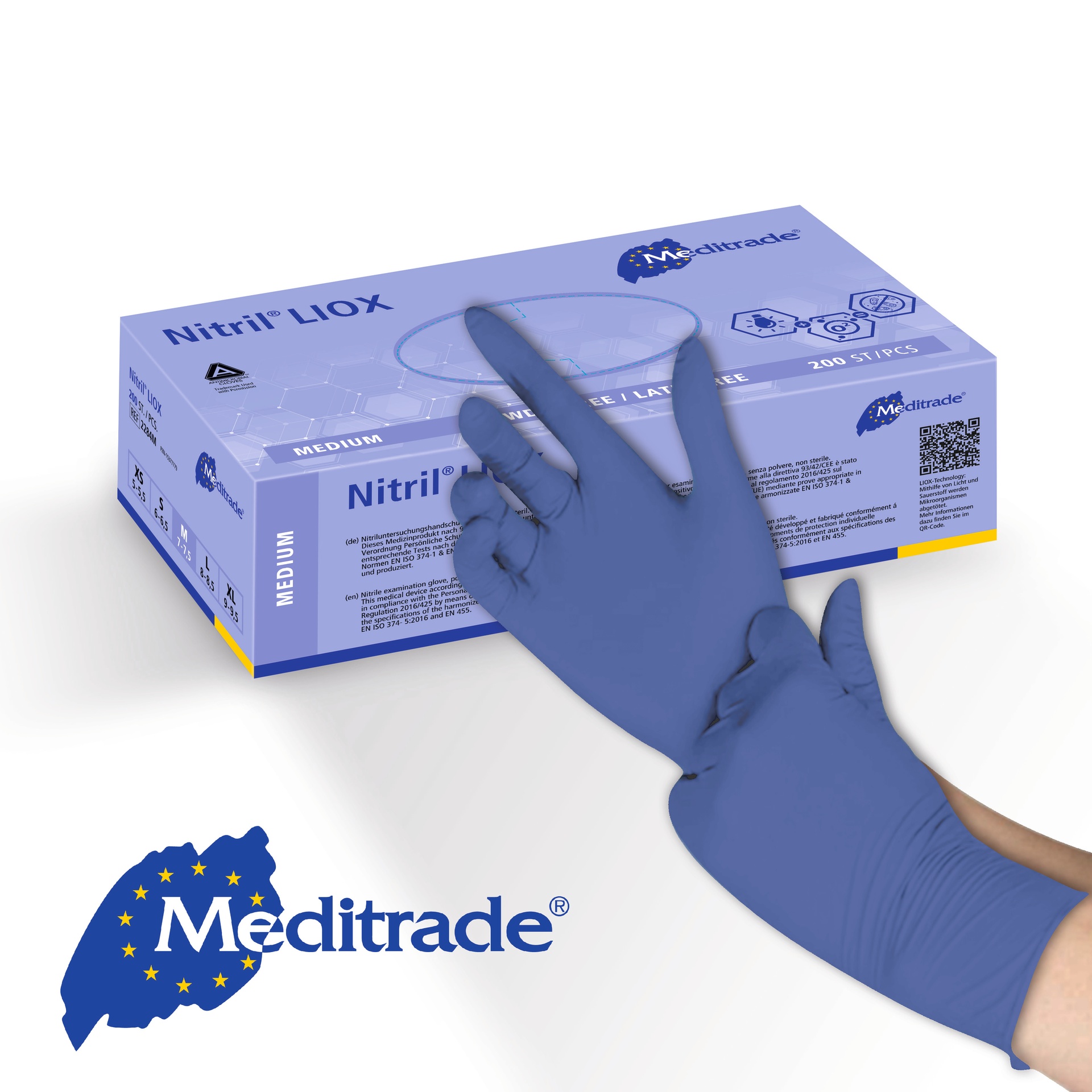 Nitril® LIOX, antimikrobieller Untersuchungshandschuh aus Nitril, BLAU, puderfrei, für Allergiker geeignet (M)