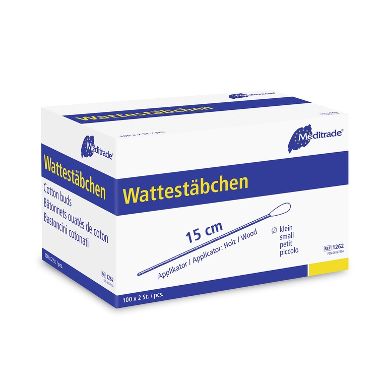 Wattestäbchen Meditrade einfach steril, 15 cm, Karton 100 x 2 Stk. (Holz, kleiner Kopf)