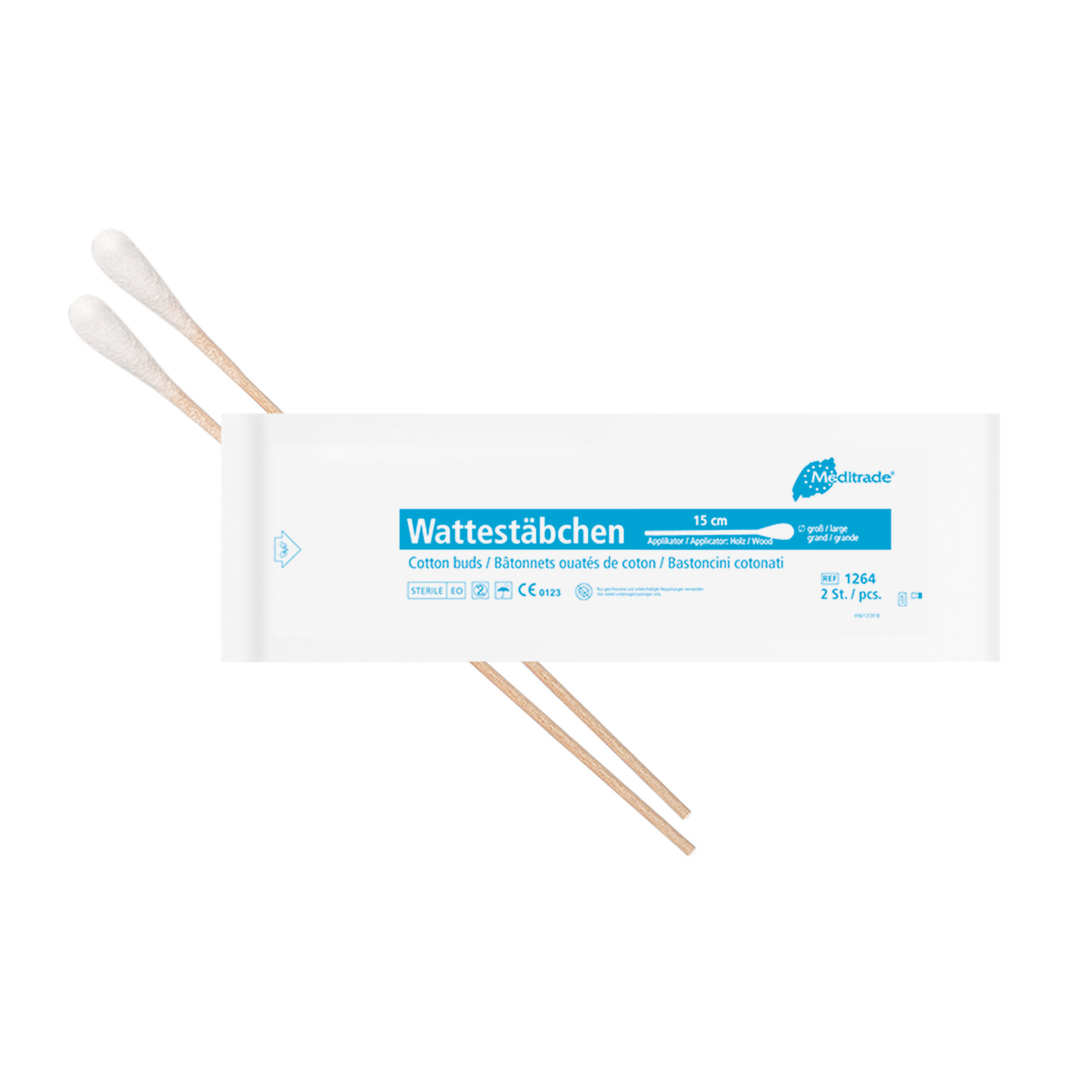 Wattestäbchen Meditrade einfach steril, 15 cm, Karton 100 x 2 Stk. (Holz, grosser Kopf)