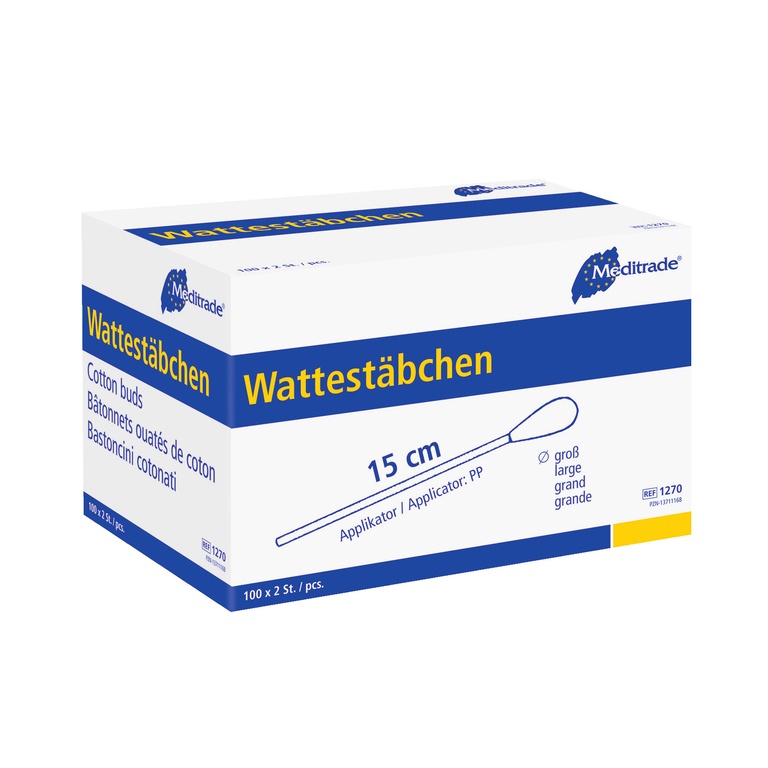 Wattestäbchen Meditrade einfach steril, 15 cm, Karton 100 x 2 Stk. (Kunststoff, grosser Kopf)