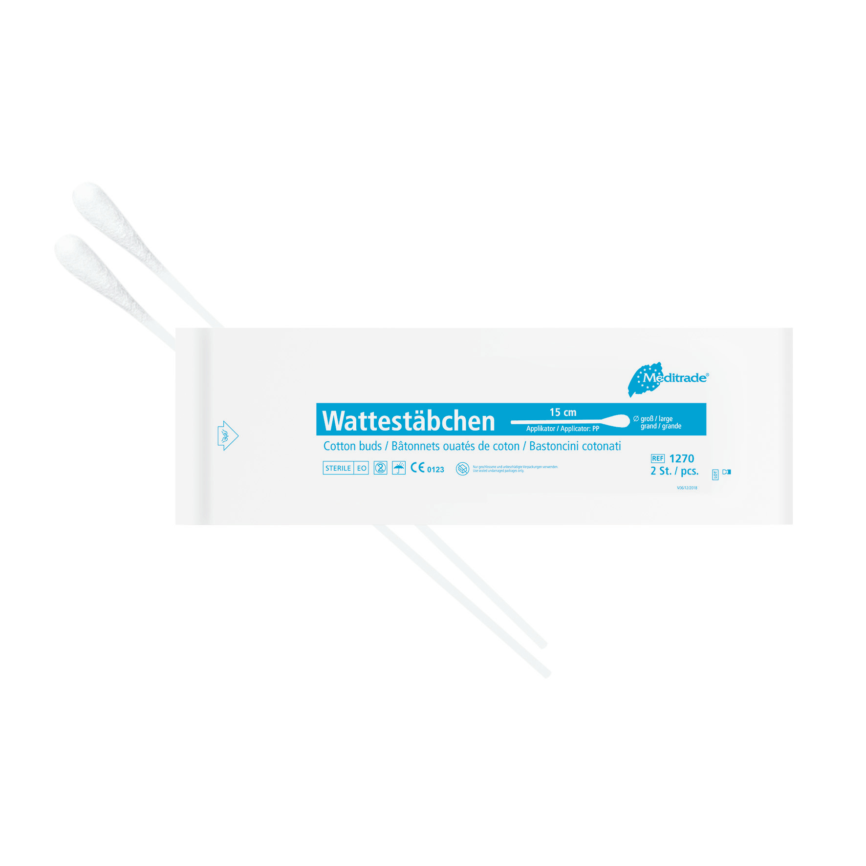 Wattestäbchen Meditrade einfach steril, 15 cm, Karton 100 x 2 Stk. (Kunststoff, grosser Kopf)