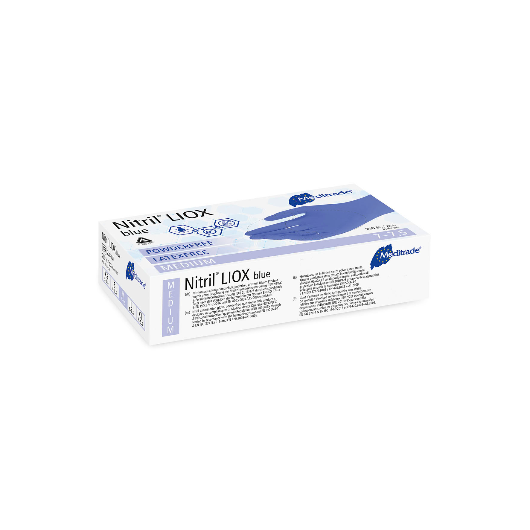 Nitril® LIOX, antimikrobieller Untersuchungshandschuh aus Nitril, BLAU, puderfrei, Medium (7-7,5), 200 Stk. für Allergiker geeinigt