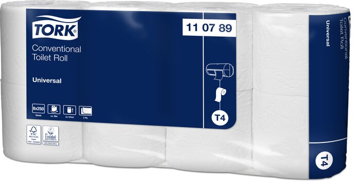 Tork Kleinrollen Toilettenpapier Universal, 250 Blatt, 2lagig, 110789, 8 Rollen