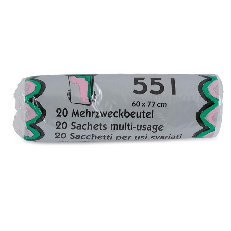Mehrzweckbeutel 50-55 lt, transparent, 8 my, mit Verschlussbändel gelb, 20 Säcke pro Rolle