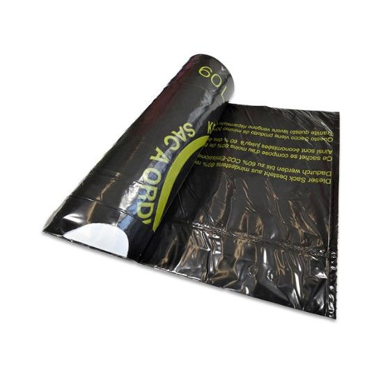 Kehrichtsäcke mit Zugband, 60 lt, (38my), schwarz, 80% Recycling-Material, 570x860x50 mm, Rolle à 10 Stk.