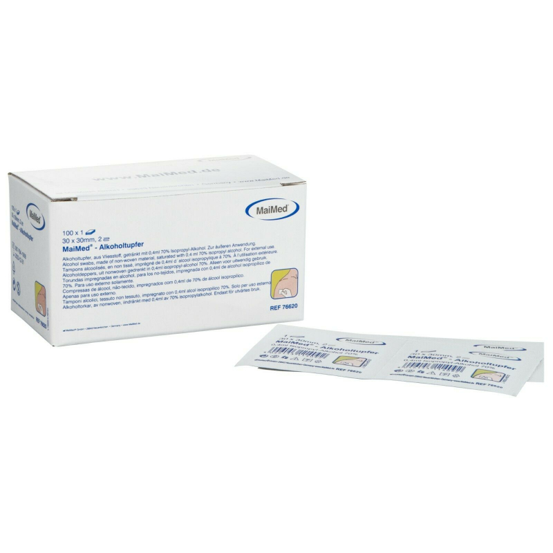 Alcohol swabs made of non-woven fabric for skin cleaning, ready-to-use, for single use only. Size: 3x3 cm. 100 pieces per box.