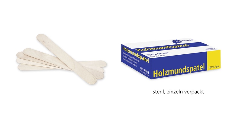 Holzmundspachtel steril, einzeln verpackt, 150x18 mm, splitterfrei, Box à 100 Stk.