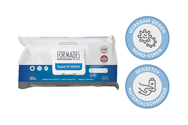 Formades Rapid FP Wipes (NEW), Sensitive, désinfection des surfaces, 20x23 cm, 60 pces par Flowpack incl. COV