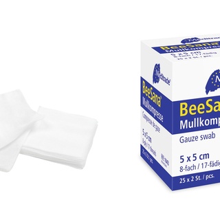 Gazekompresse/Vlieskompresse BeeSana Typ 17-fädig, steril, 100% Baumwolle, 50 Stk. (8-fach, 5 x 5 cm)
