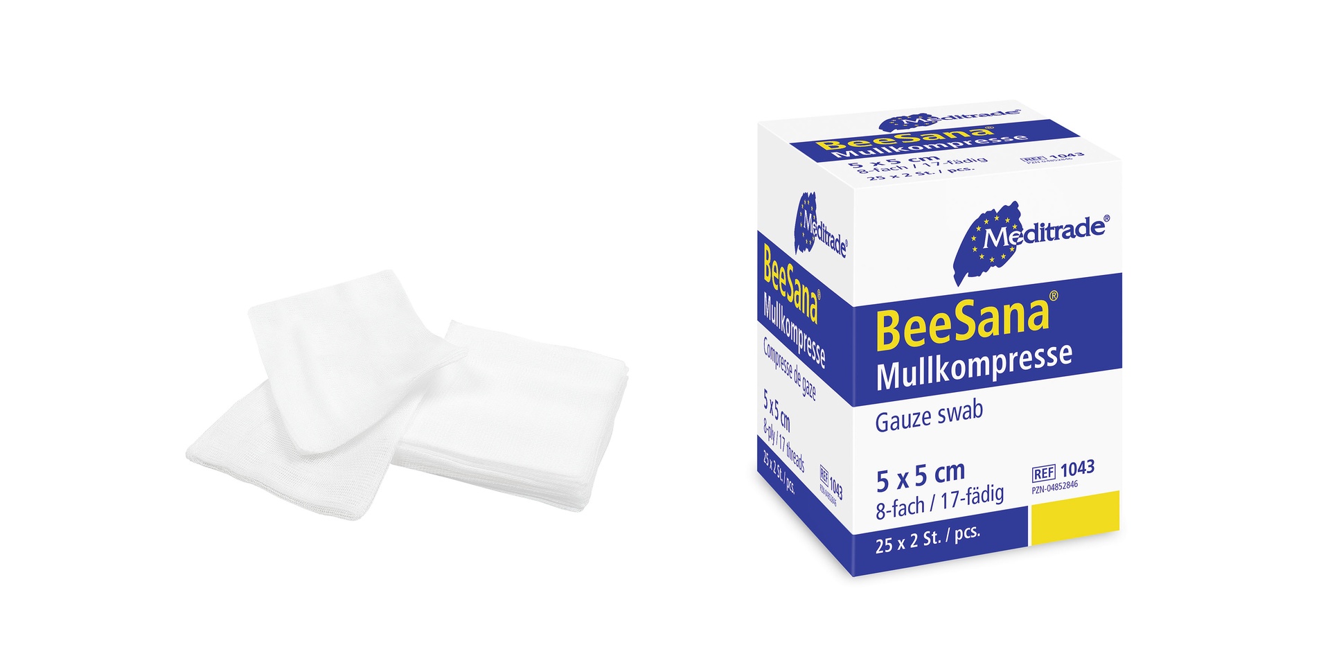 Gazekompresse/Vlieskompresse BeeSana Typ 17-fädig, steril, 100% Baumwolle, 50 Stk. (8-fach, 5 x 5 cm)