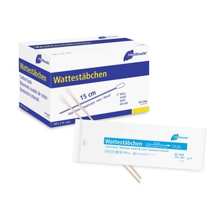 Wattestäbchen Meditrade einfach steril, 15 cm, kleiner Kopf, Karton 100 x 2 Stk.