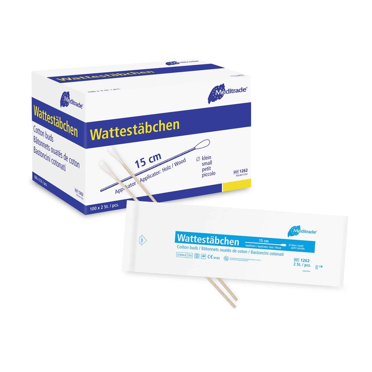 Wattestäbchen Meditrade einfach steril, 15 cm, Karton 100 x 2 Stk. (Holz, kleiner Kopf)