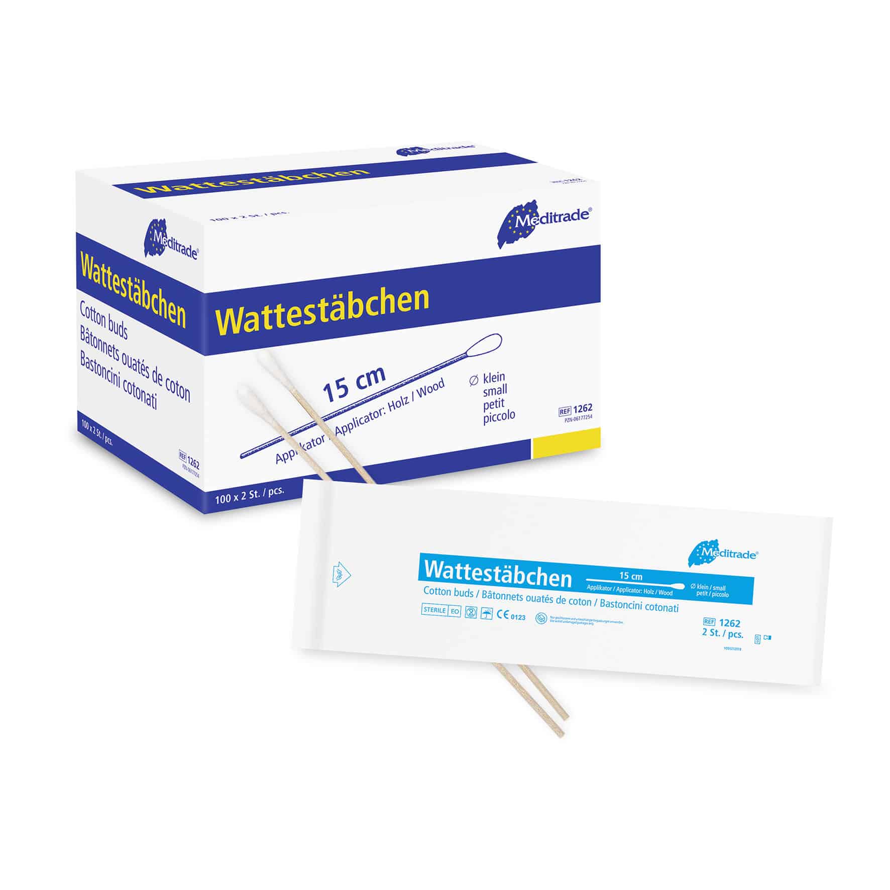 Wattestäbchen Meditrade einfach steril, 15 cm, kleiner Kopf, Karton 100 x 2 Stk.