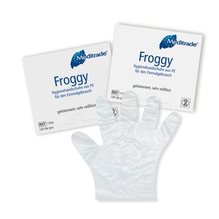 Hygiene glove Froggy, made of soft polyethylene, UNI, 8-8.5, transparent, hammered, 100 pcs.