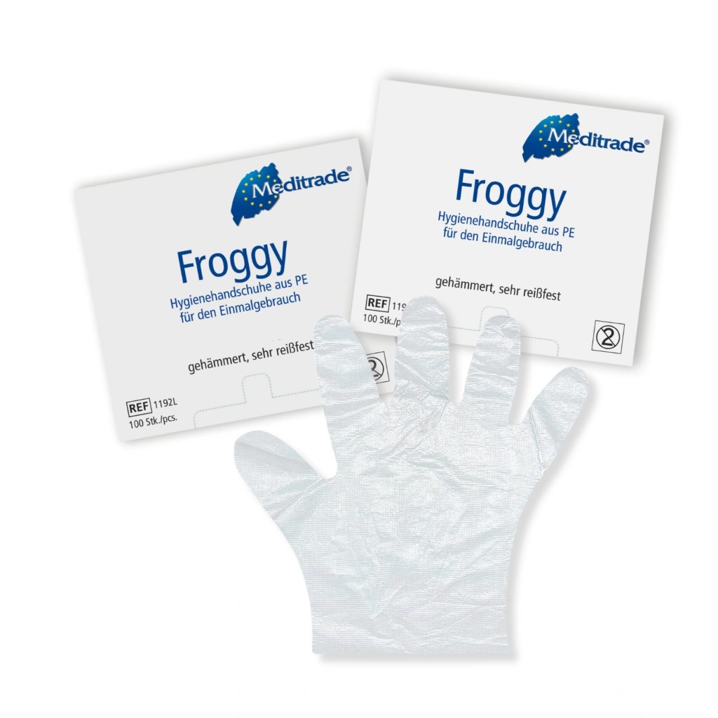 Hygiene glove Froggy, made of soft polyethylene, UNI, 8-8.5, transparent, hammered, 100 pcs.