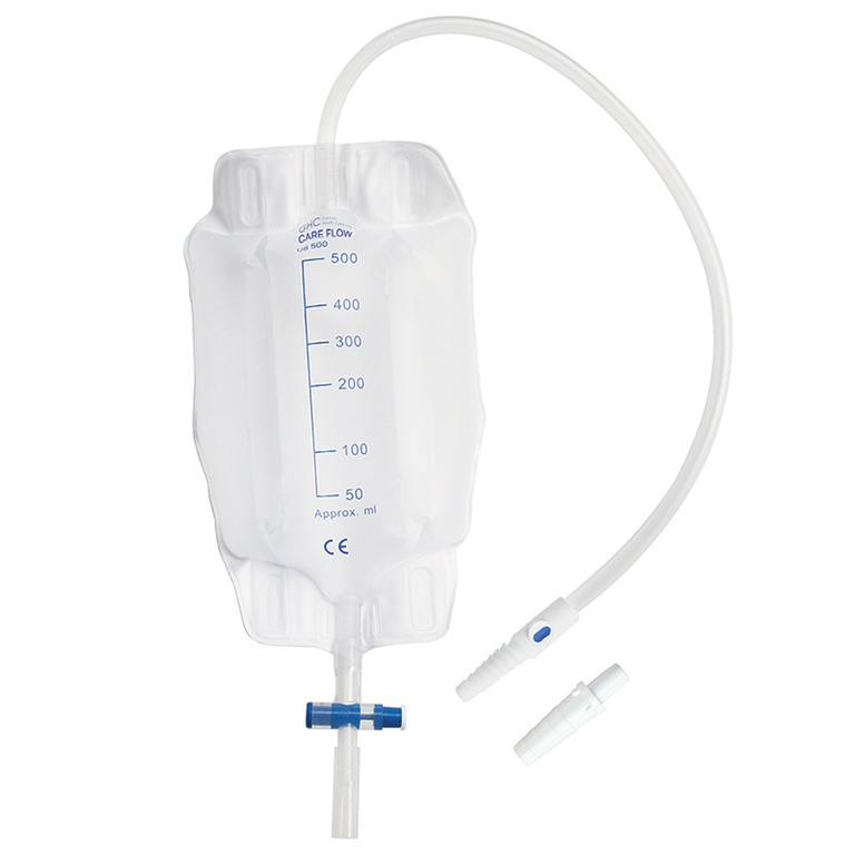 Sacca per gamba GHC CAREFLOW, scarico a T con valvola di non ritorno (500 ml, 30 cm, sterile)