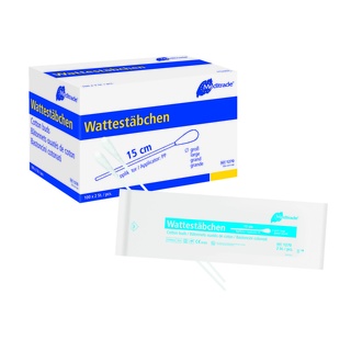 Wattestäbchen Meditrade einfach steril, Kunststoff, 15 cm, grosser Kopf, Karton 100 x 2 Stk.