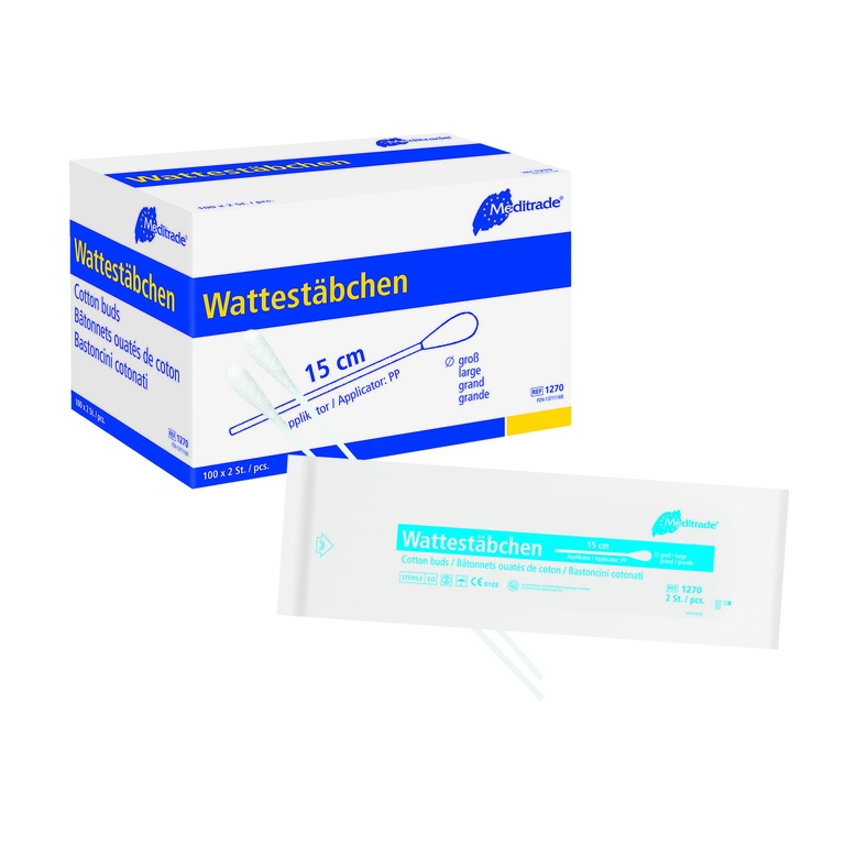 Wattestäbchen Meditrade einfach steril, Kunststoff, 15 cm, grosser Kopf, Karton 100 x 2 Stk.