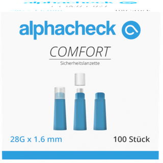 Comfort Einweg-Sicherheitslanzetten alphacheck, autom. rückziehende Nadel, 28G, 1.6 mm, steril, 100 Stk.