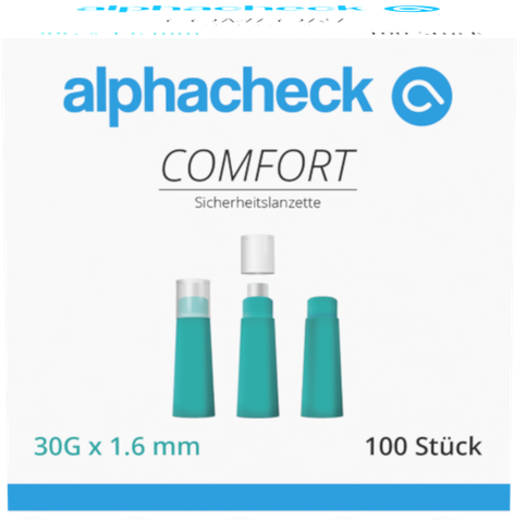 Comfort Einweg-Sicherheitslanzetten alphacheck, autom. rückziehende Nadel, 30G, 1.6 mm, steril, 100 Stk.