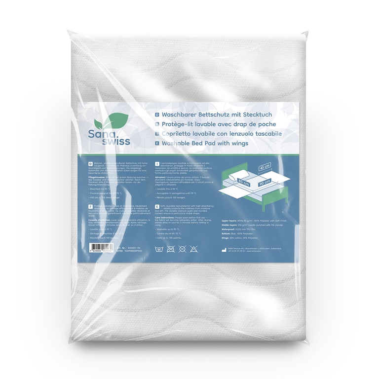 sana.swiss Bed Pad, Textile Bettschutzauflage, 85 x 90 cm + 2x45cm, waschbar mit Stecktuch/flaps