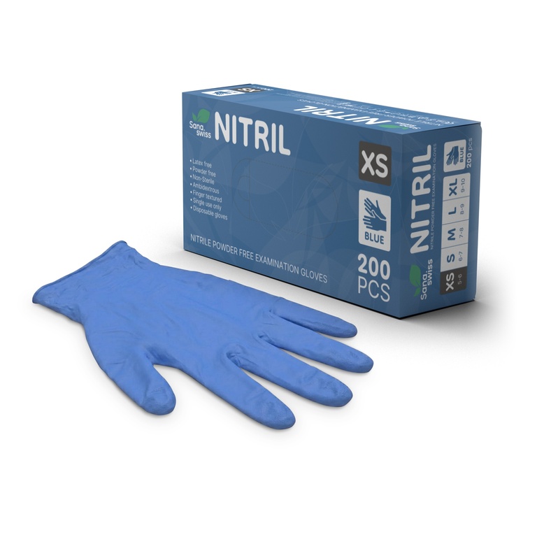 sana.swiss Nitril, Untersuchungshandschuh aus Nitril, puderfrei, 200 Stk. (XS, Blau)
