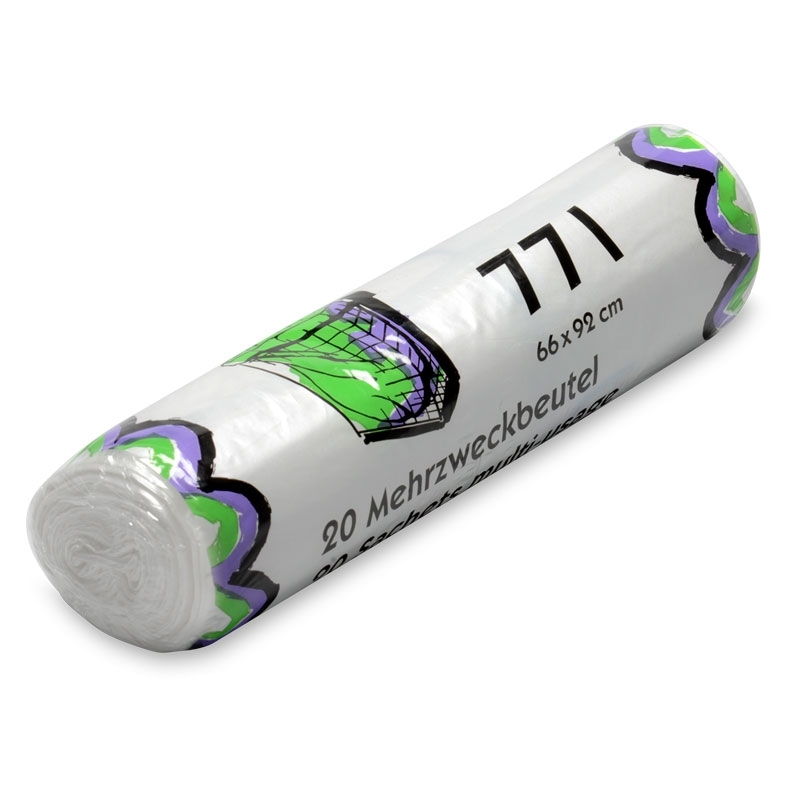 Mehrzweckbeutel 77 lt, transparent, 9 my, mit Verschlussbändel blau, 20 Säcke pro Rolle